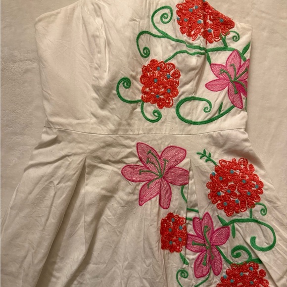 Lilly Pulitzer Strapless White Dress with Pink and Green Floral Design - Picture 3 of 10